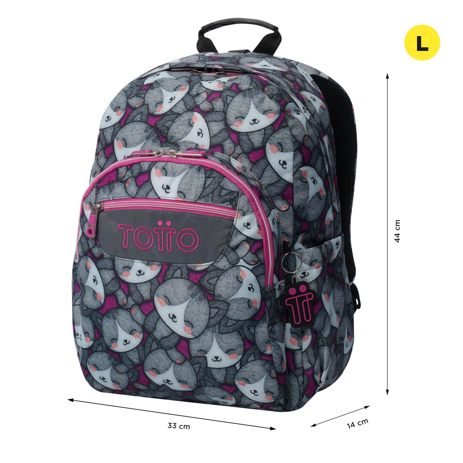 TOTTO - Mochila Escolar Adaptable a Carro, Modelo Acuareles, Capacidad 20 L, Bolsillo para Pc 14", 2 Bolsillo Botella, Espaldar Ergonómico con Flujo de Aire, Correas en S, Estampado Kitten Rose