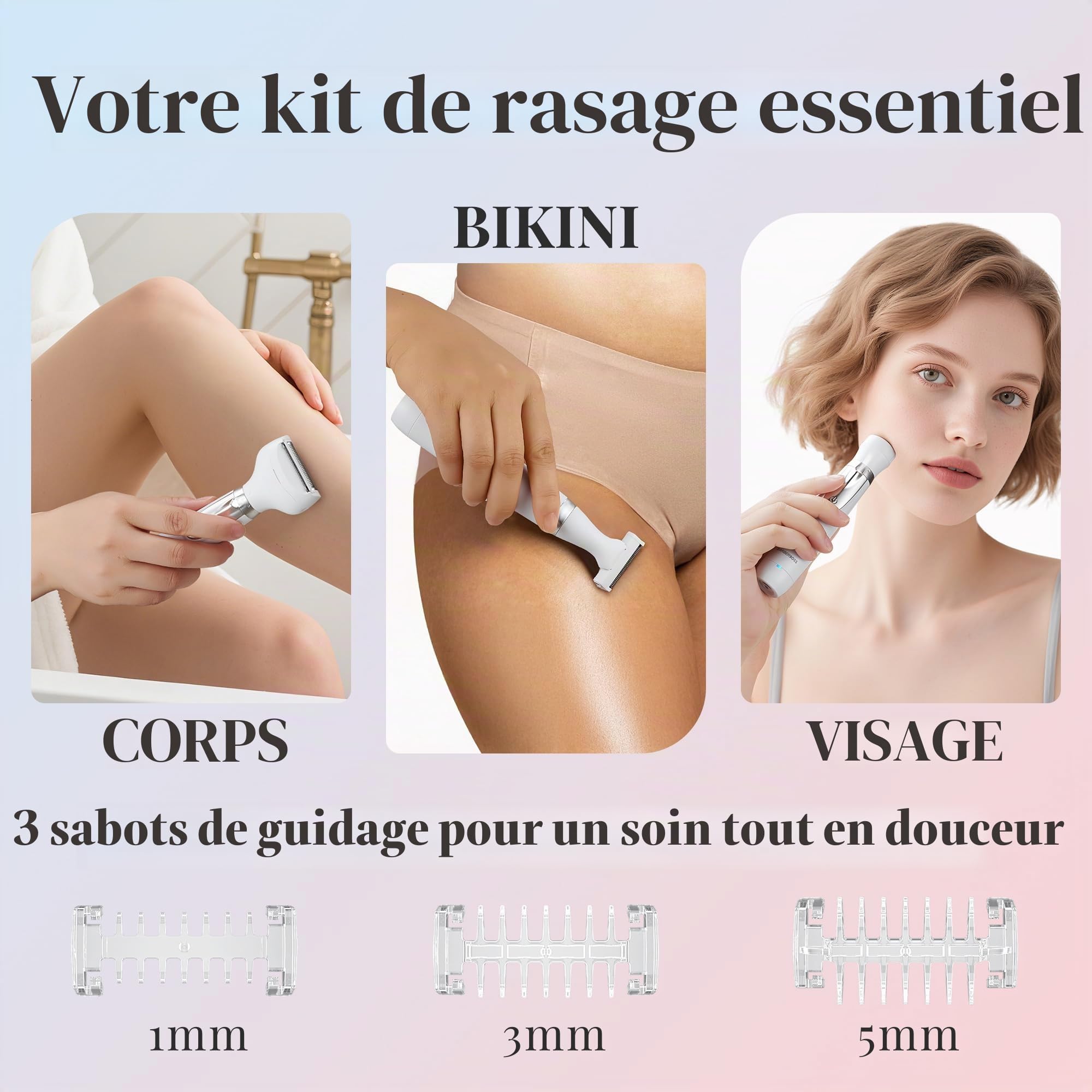 BarberBoss Rasoir électrique pour femme, portable 3 en 1 pour femme, rasoir corps, bikini et visage, rasoir sans fil, épilation visage, rechargeable par USB, QR-8003 | Rasoir portable, pour le corps, le bikini et le visage, sans fil, rasoir humide et sec,