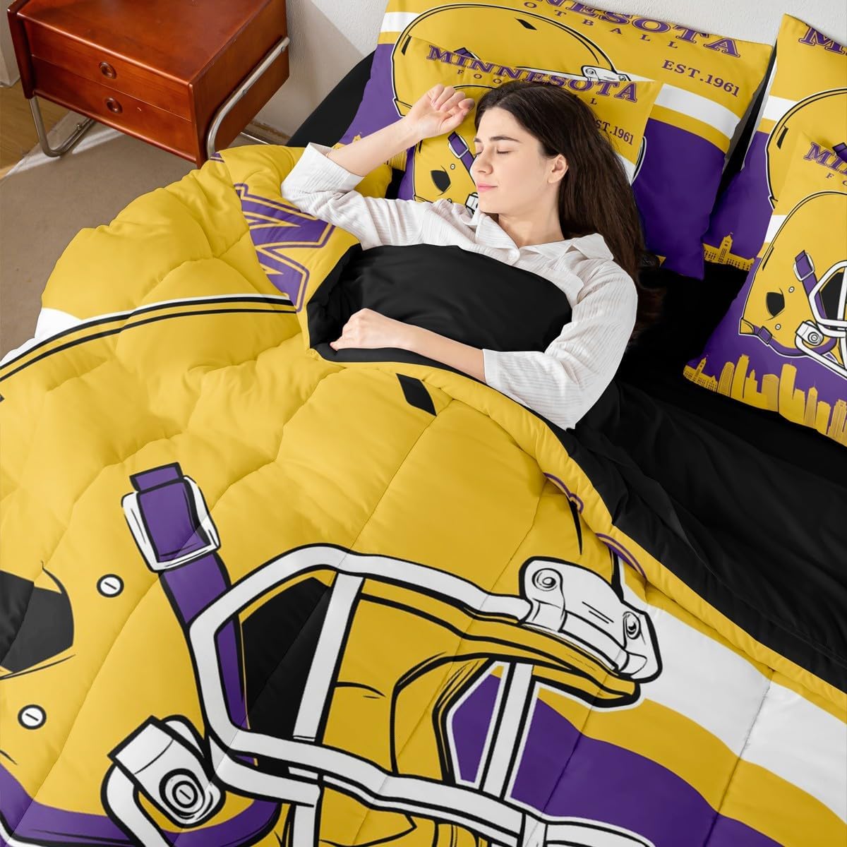 Erosebridal Boys Twin 7 Pieces Bedding Set,Sports Comforter Set with Sheets Football City Bed in A Bag with Flat and Fitted Sheet for Kids Teens Adults Football Fans Players,Purple Yellow - Image 7