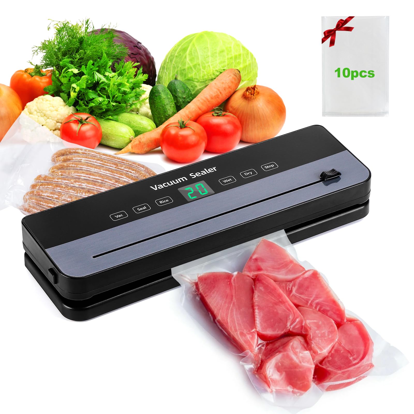 Machine à emballer sous vide 65 kPa - Scelleuse alimentaire 7 en 1 avec 10 sacs