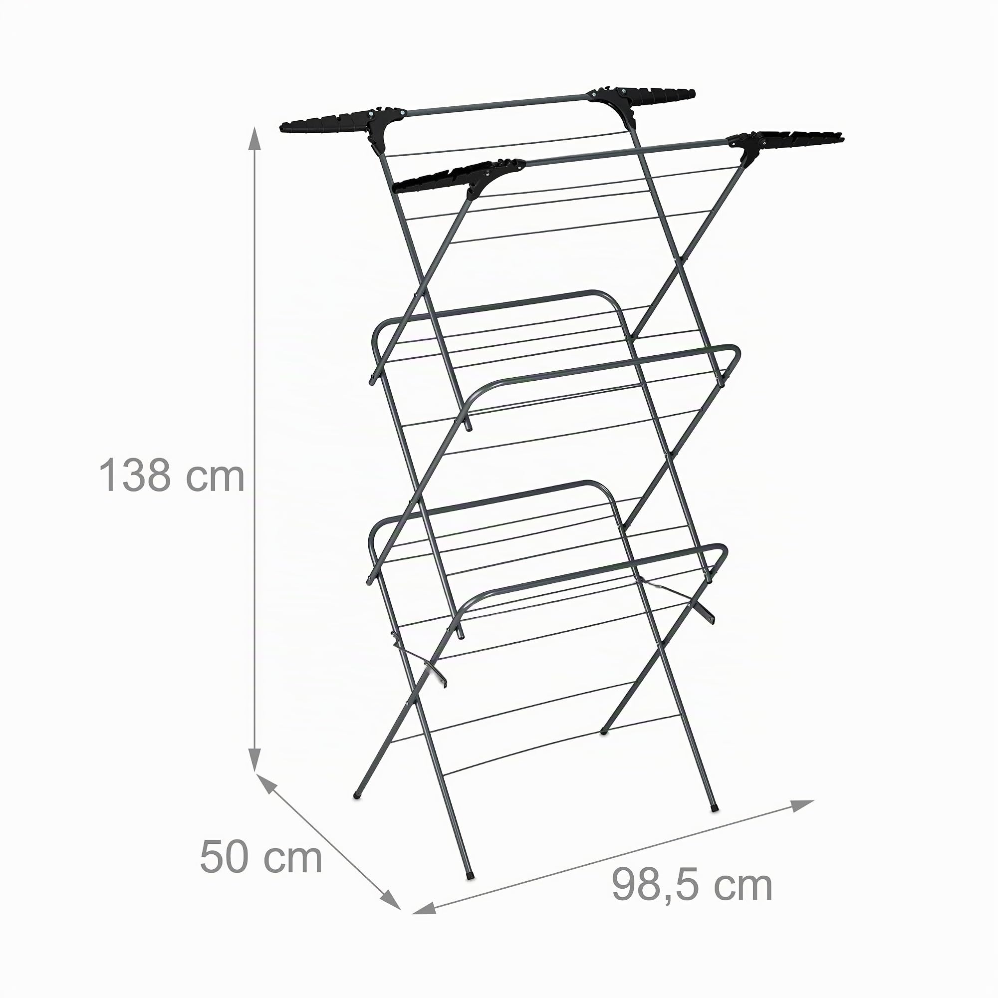 Relaxdays Tendedero Torre Plegable, 3 Niveles, Ahorra Espacio, Soporte Perchas, 138x63,5x50 cm, Tenderete, Gris/Negro