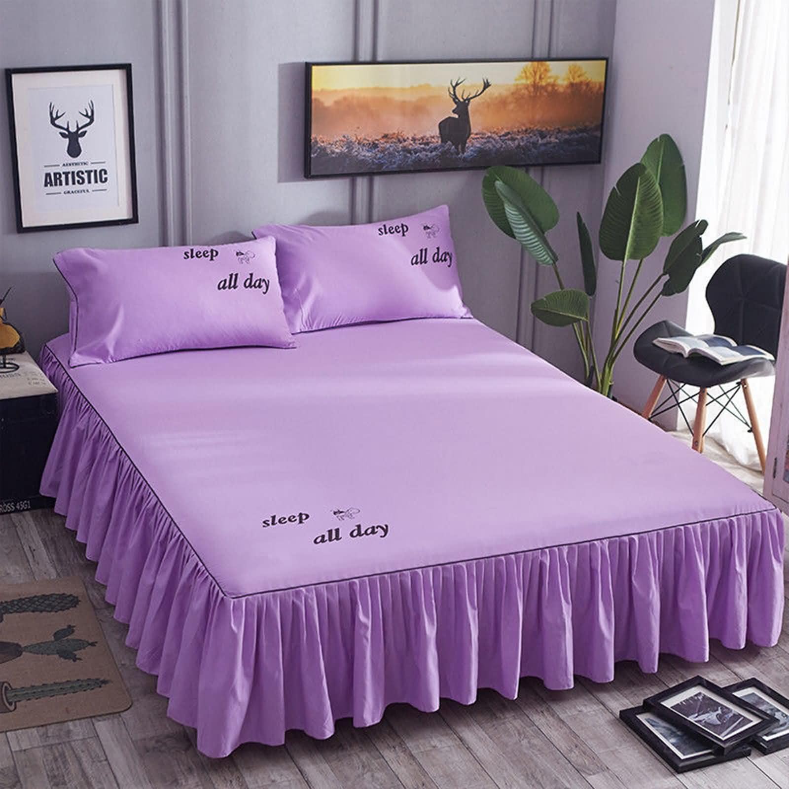 Tour de lit avec 2 taies d'oreiller 200 x 220 cm - 3 pièces - Lavable - Style maison de campagne - Couleur unie - Textiles classiques - En polyester - Violet clair - Pour protection