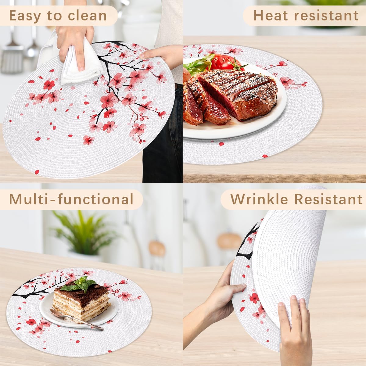Round Woven Placemats Set of 4, Cherry Blossom Braided Place Mat 15 Inch Japanese Cherry Blossom Heat Resistant Washable Table Mats for Dining Tables Kitchen Party Decor