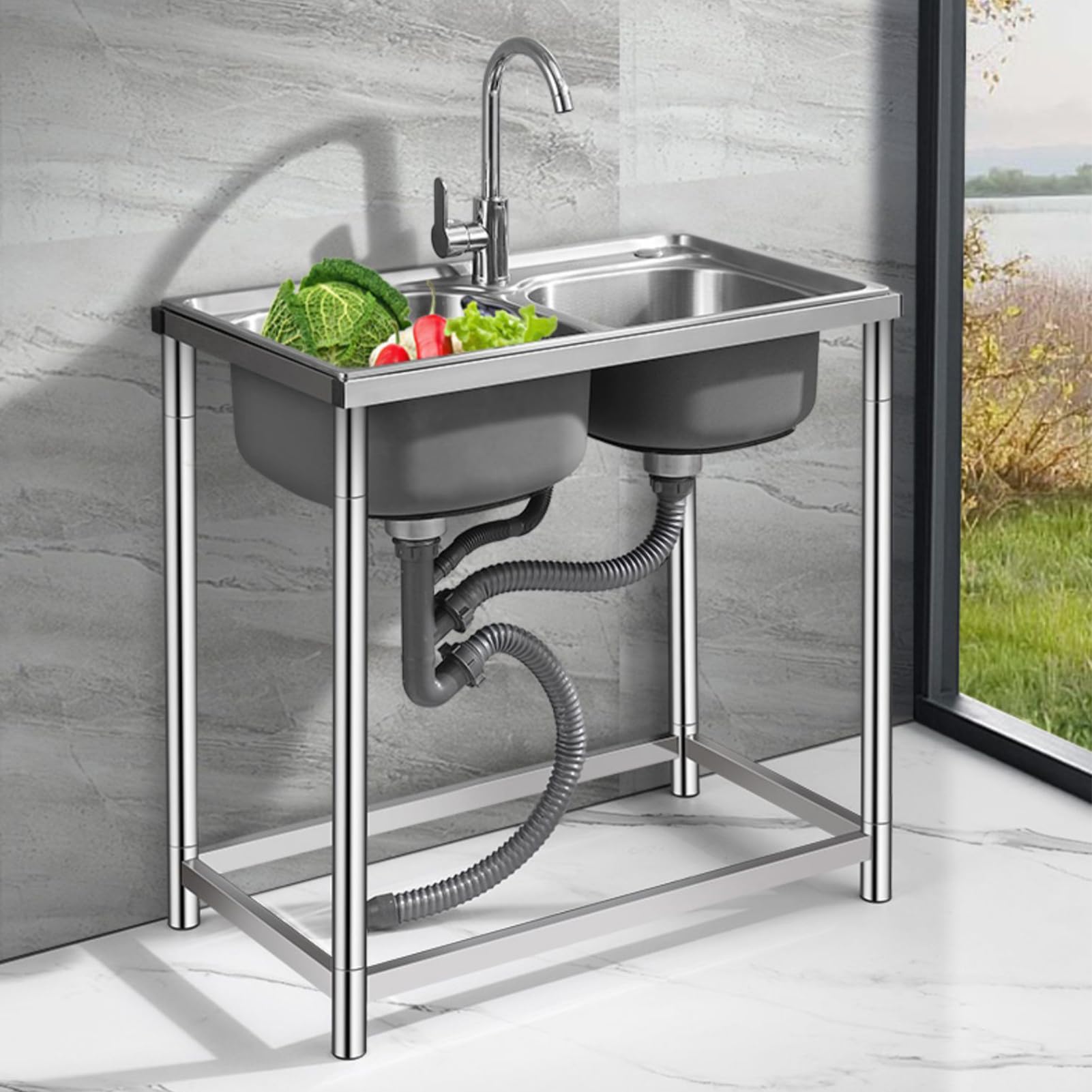 ZQFHSX Large Double Bowl Stainless Steel Sink Kitchen Free Standing Commercial with Tap Outdoor Utility for Kitchen, Laundry, Bathroom, Garage (78 * 43 76cm)