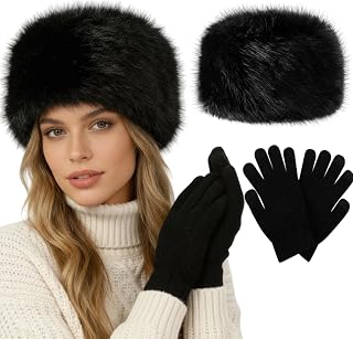 Women's Winter Faux Fur Hat Cossack Russian Style Warm Hat with Wool Gloves (Black)