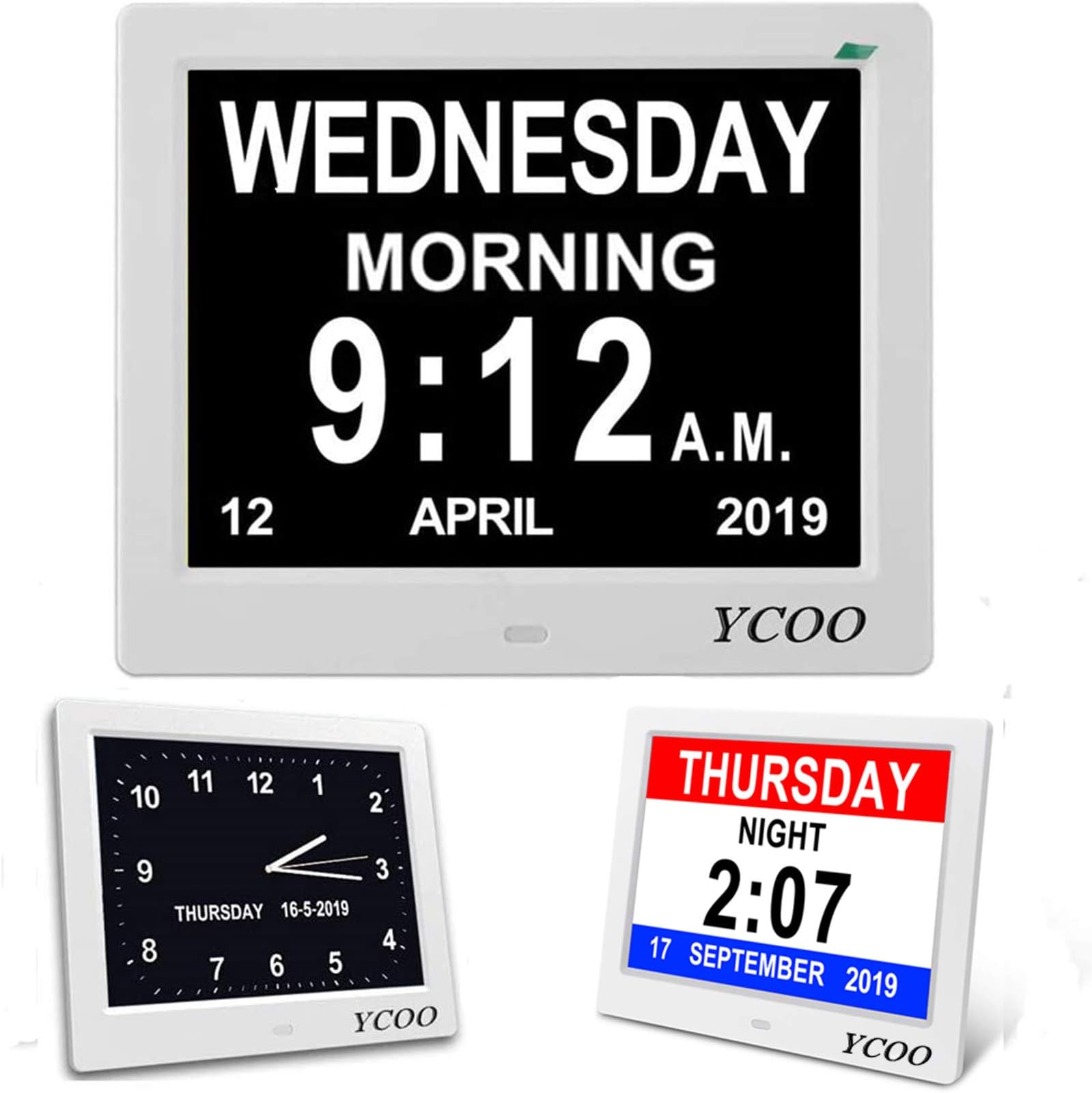 YCOO [Newest] Digital Calendar Day Clock,12 Options Alarm Clock - Memory Loss Day Clock - Electronic Digital Clock with Large HD LCD - Desk clock, Wall Clock Excellent for Impaired Vision