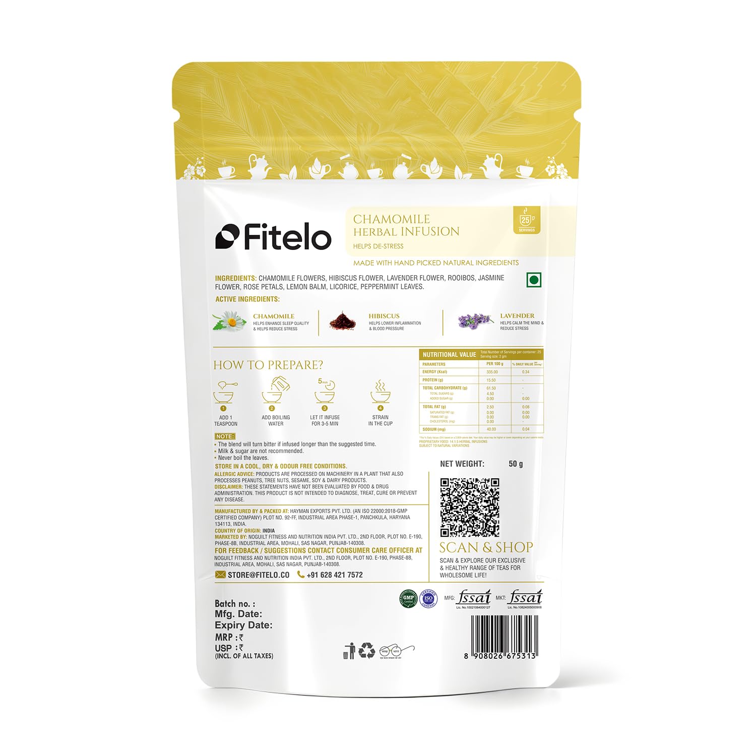 Fitelo Chamomile Deep Sleep Tea | 50 gm | Stress Relief & Relaxation | Premium Chamomile, Hibiscus & Lavender Blend | Caffeine-Free Herbal Tea - Image 9 thumbnail