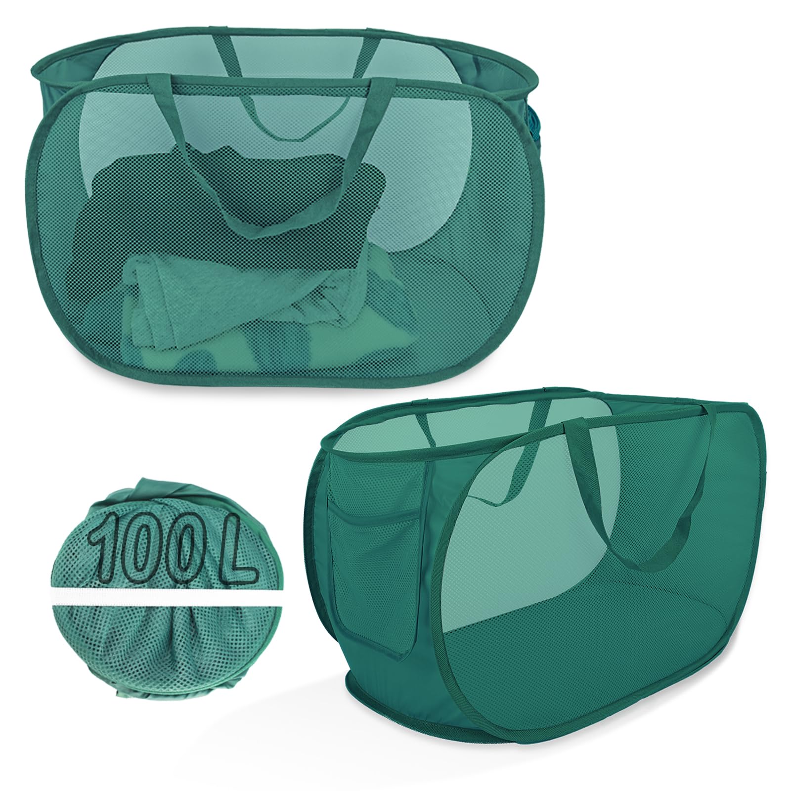 Photo 1 of 100L Foldable Laundry Baskets 2 Pack, Extra Large Mesh Pop Up Laundry Hamper, Dirty Clothes Hamper with Handles, Pop-up Hampers for Laundry Travel. Dorm or Home Portable Clothes Baskets.Green 2H