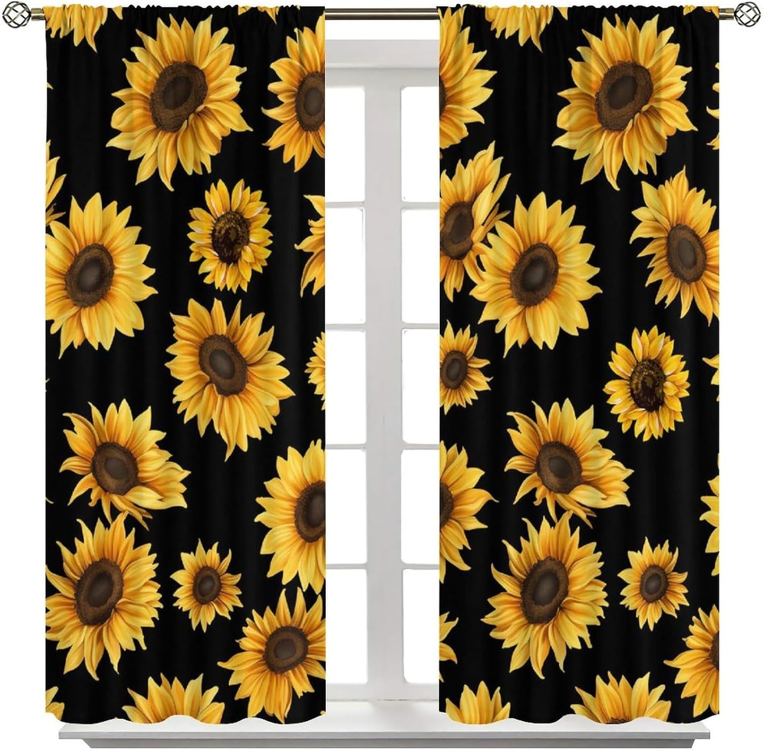 Sunflowers Blackout Window Curtains, Vintage Shabby Chic Floral Sunflower Room Darkening Rod Pocket Windows Door Curtain for Bedroom Living Room Home Decor 42x45in