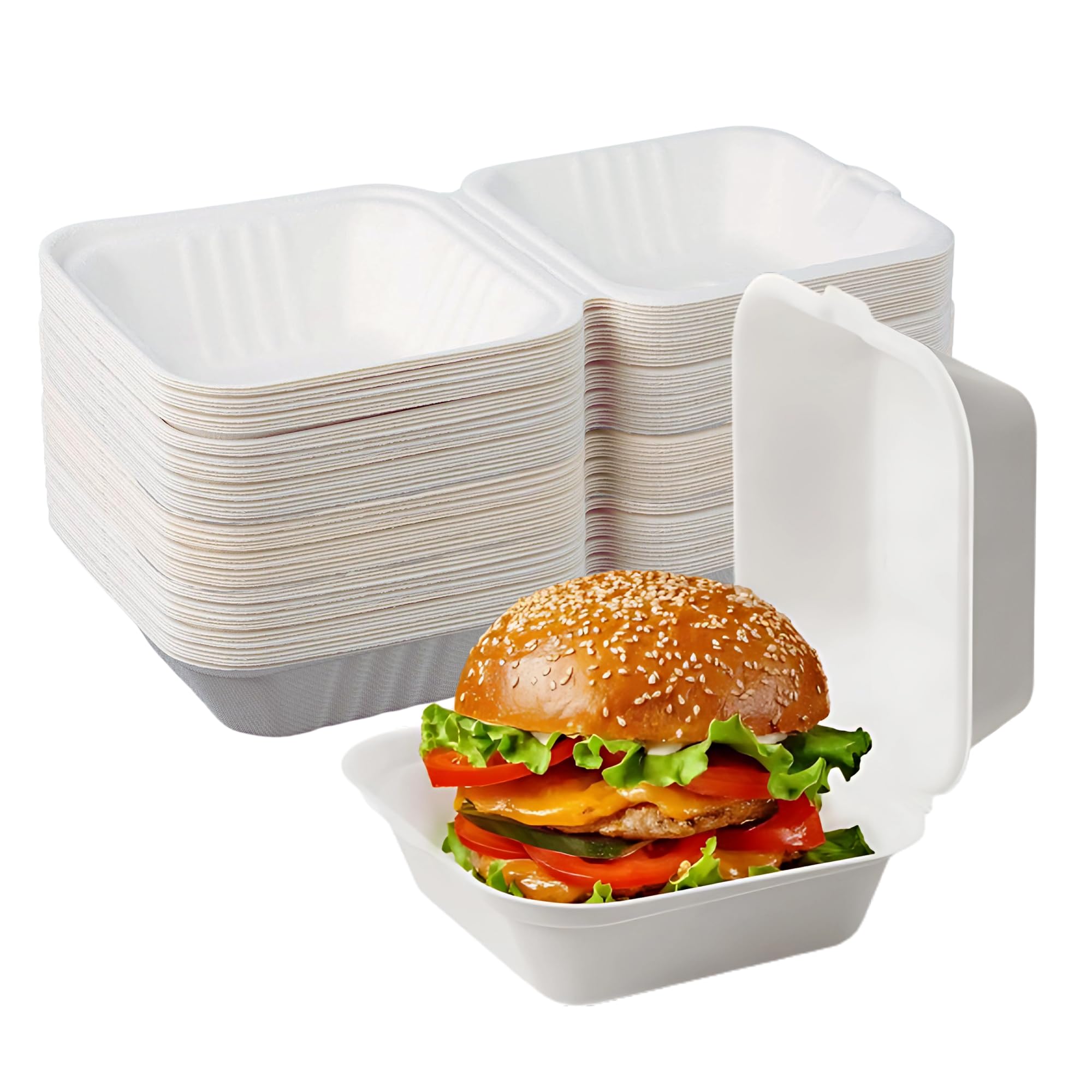 CaterCo Disposable Bagasse Clamshell Food Containers - 6 x 6 inch Burger Box 200 Pack, Biodegradable Sugarcane Container, Compostable, Eco-Friendly, Takeaway Boxes, 200 Pack (6x6 Inch, 1 Compartment)
