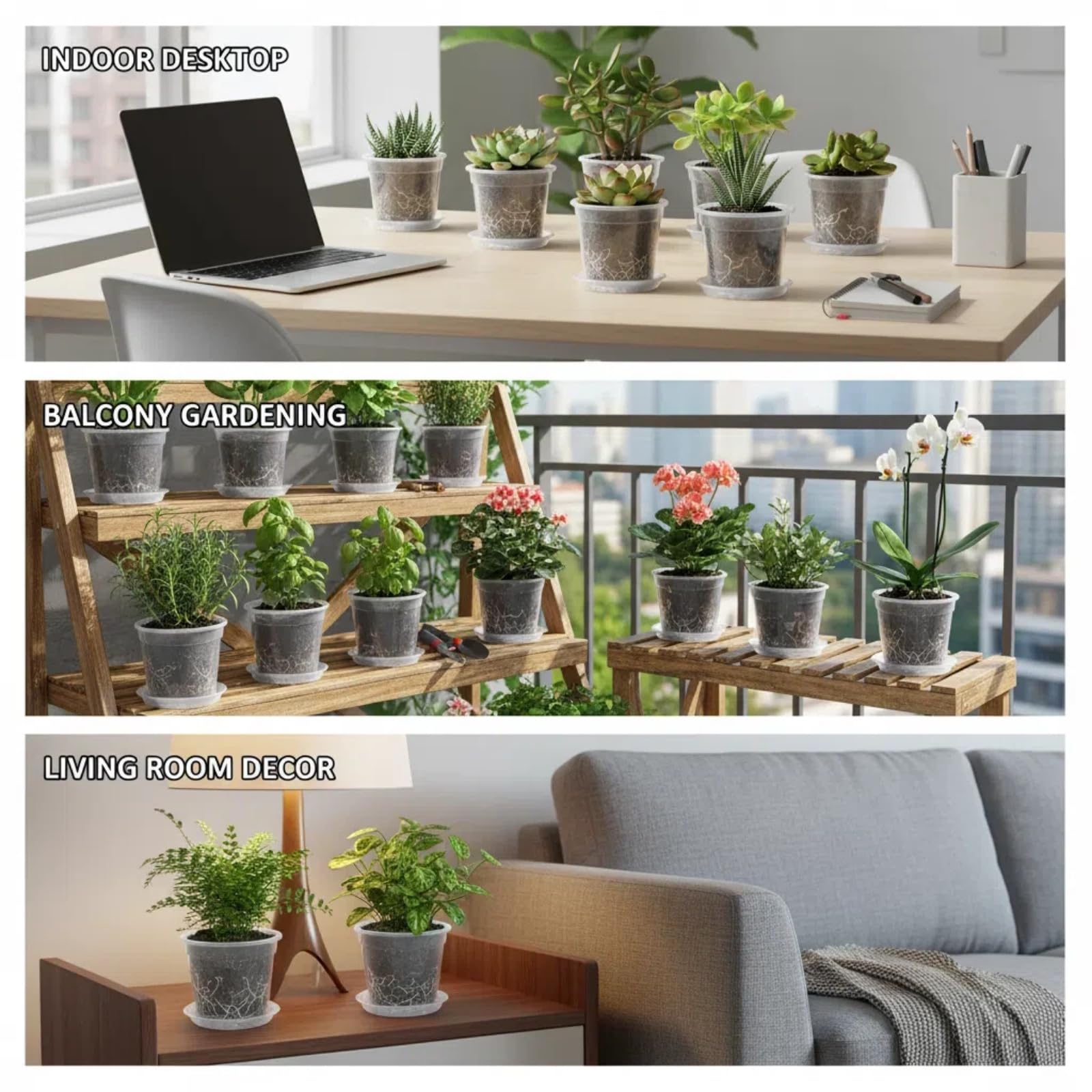 Lot de 12 pots de fleurs transparents extra épais de 13 cm, 15 cm, 17 cm, 19 cm avec plateaux et trous de drainage, adaptés pour l'élevage de semis et la plantation horticole