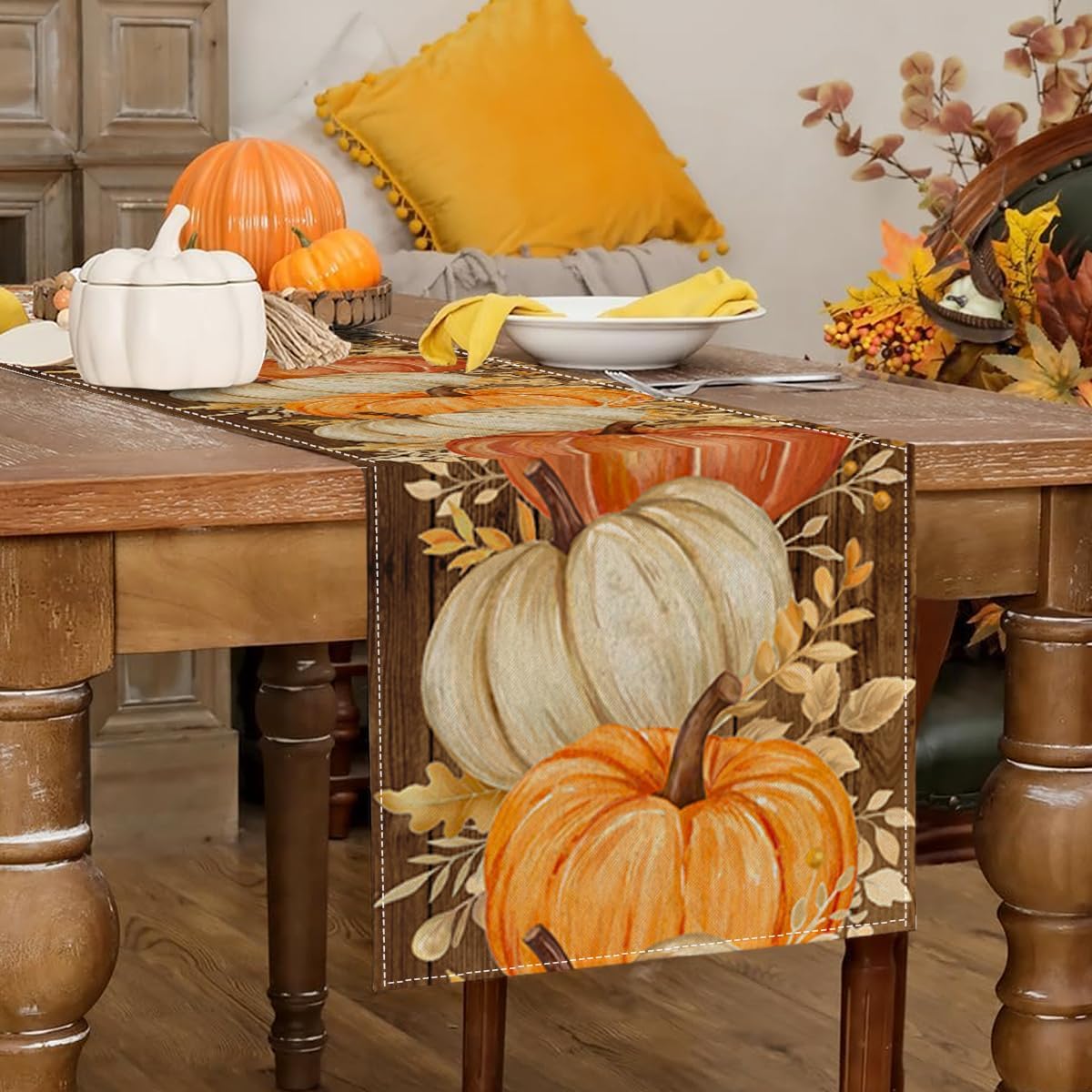 RABUSOFA Pumpkins Golden Maple Leaves Fall Table Runner,Seasonal Autumn Thanksgiving Kitchen Dining Table Fall Decorations for Home Party Decor 13x72 Inch