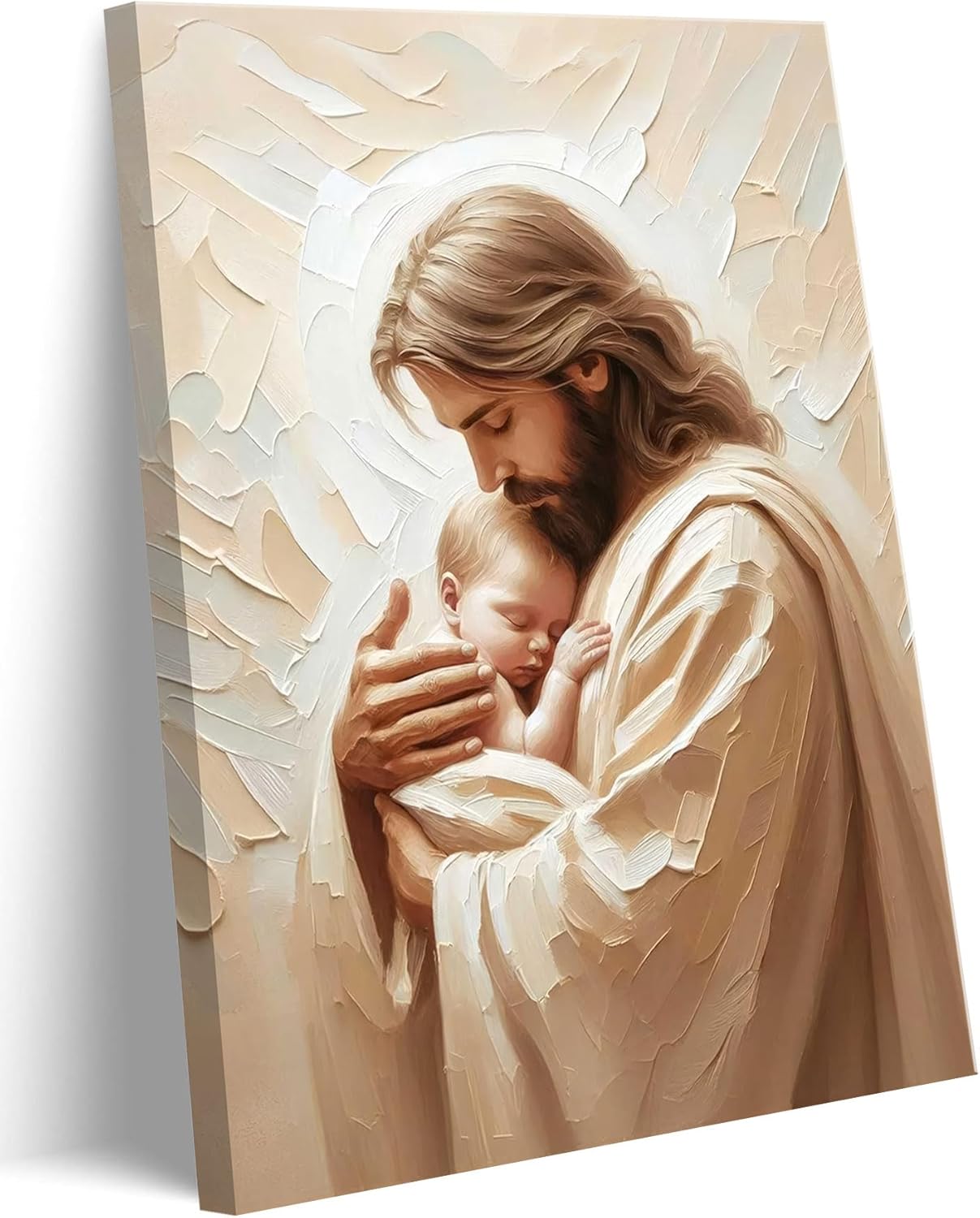 Jesus Canvas Wall Art Jesus Holding Baby Wall Decor Picture Christian Faith Poster Painting Print for Church living Room Bedroom Artwork Home Decoration 16x24in Framed