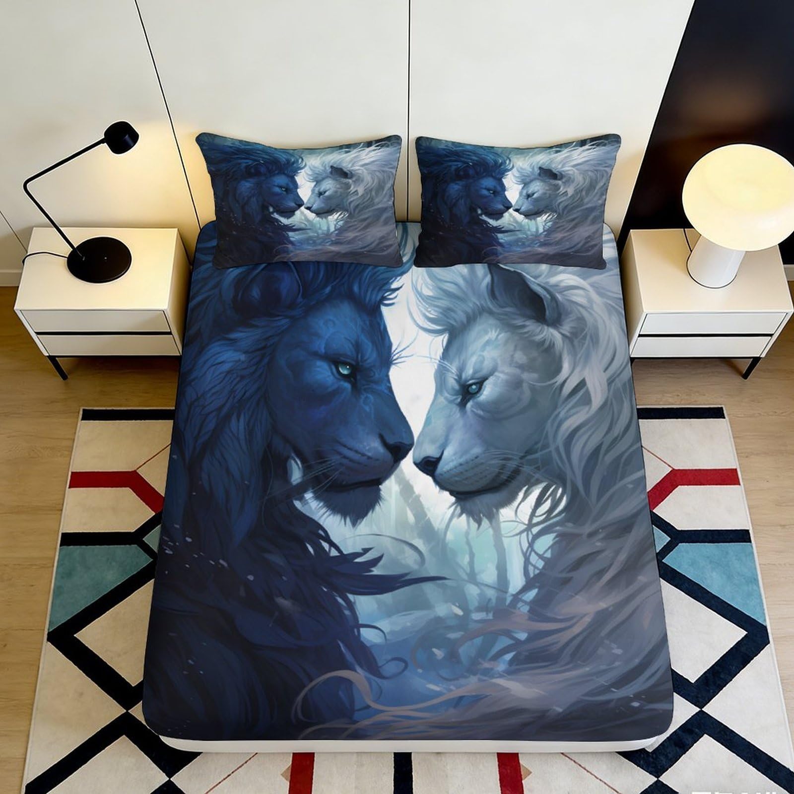 Pnayamiorkfel Style-5 3D Printed Blue Lion Fitted Sheet Microfiber Soft Bedroom Decor White Lion Mattress Cover For Home Dorm 90X200x25cm