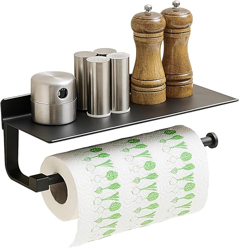 Soporte de pared para toallas de papel, para baño, toallero de mano para baño, soporte para toallas de papel negro con estante (negro mate)