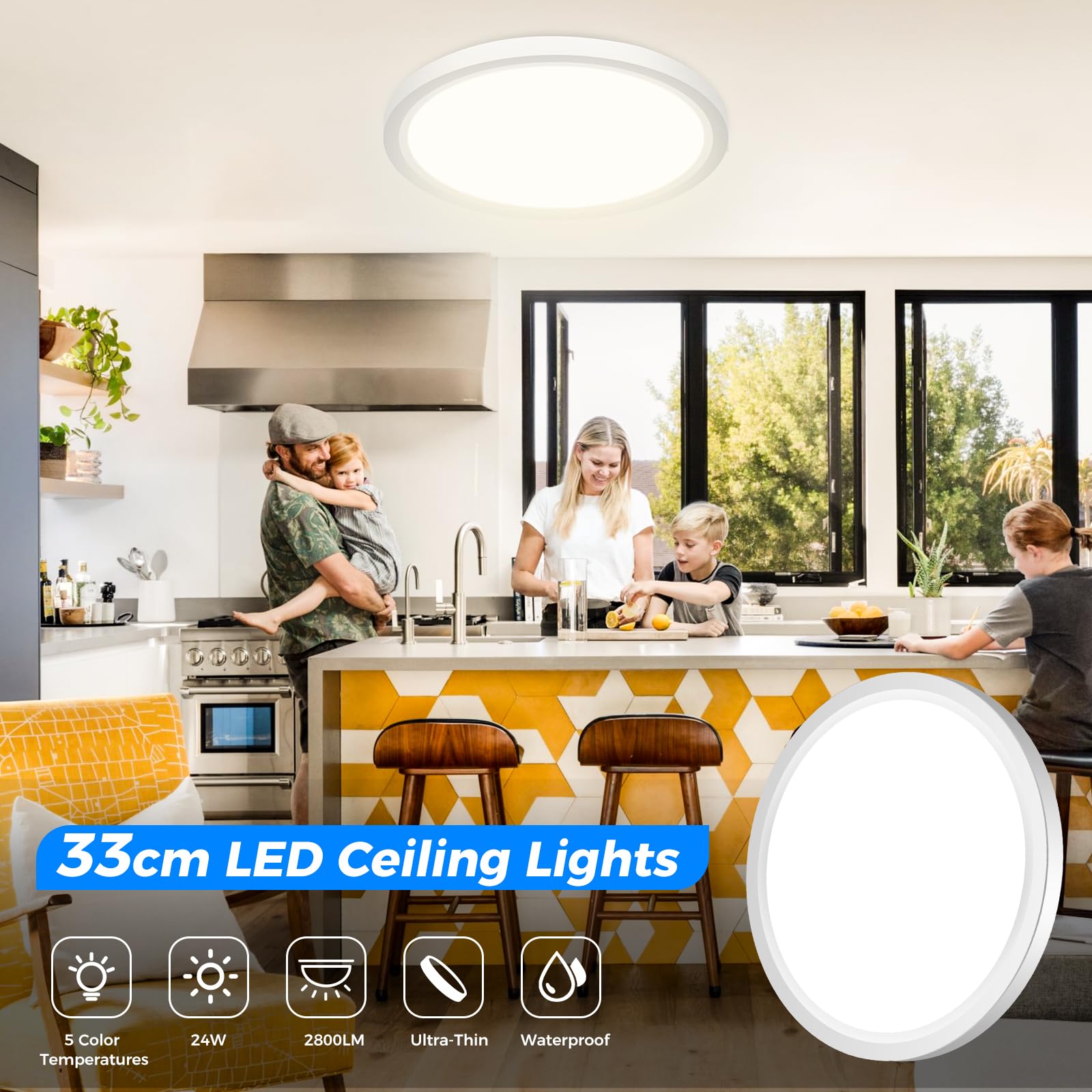 Peasur Bathroom Light, 3000K/3500K/4000K/5000K/6500K 5 Color Temperature LED Ceiling Light, 24W 2800LM, IP54 Waterproof - Image 3