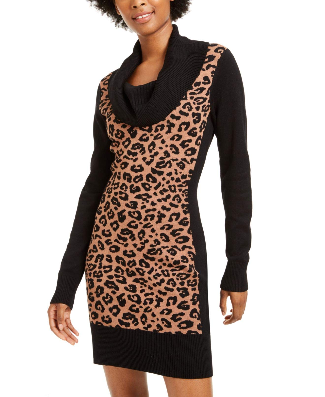 BCXWomens Juniors Cowl Neck Animal Print Sweaterdress