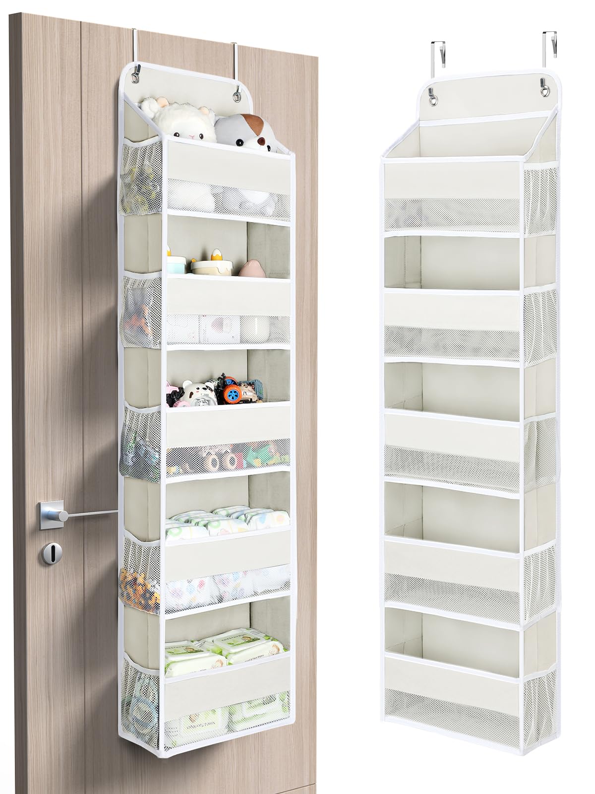 Yecaye 5 Tier Over the Door Organizer, 44lbs Load Toy Stuffed Animal Storage 10 Side Pockets, Bathroom Organizers and Storage for Nursery Newborn Baby Essential Stuff Dorm Room Essentials, Cream White