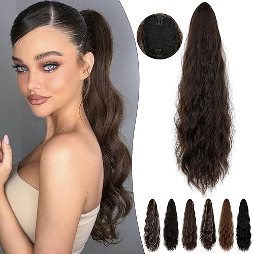 Miniatura 1 de Extensión de cola de caballo de 24 pulgadas de largo, rizado, ondulado, con cordón, extensiones de cabello sintético para mujer, uso diario, color