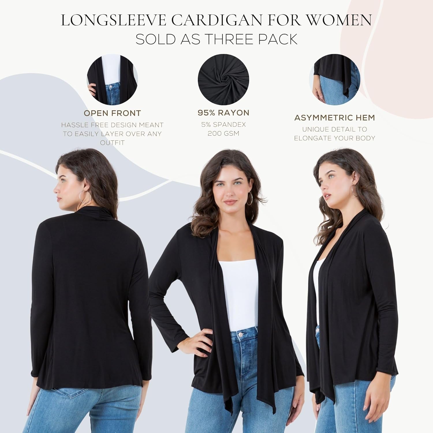 Azules 3-Pack Women's Long Sleeve Open Front Cardigan - Lightweight Rayon Sweater, Soft Flowy Layer for Casual - Image 5