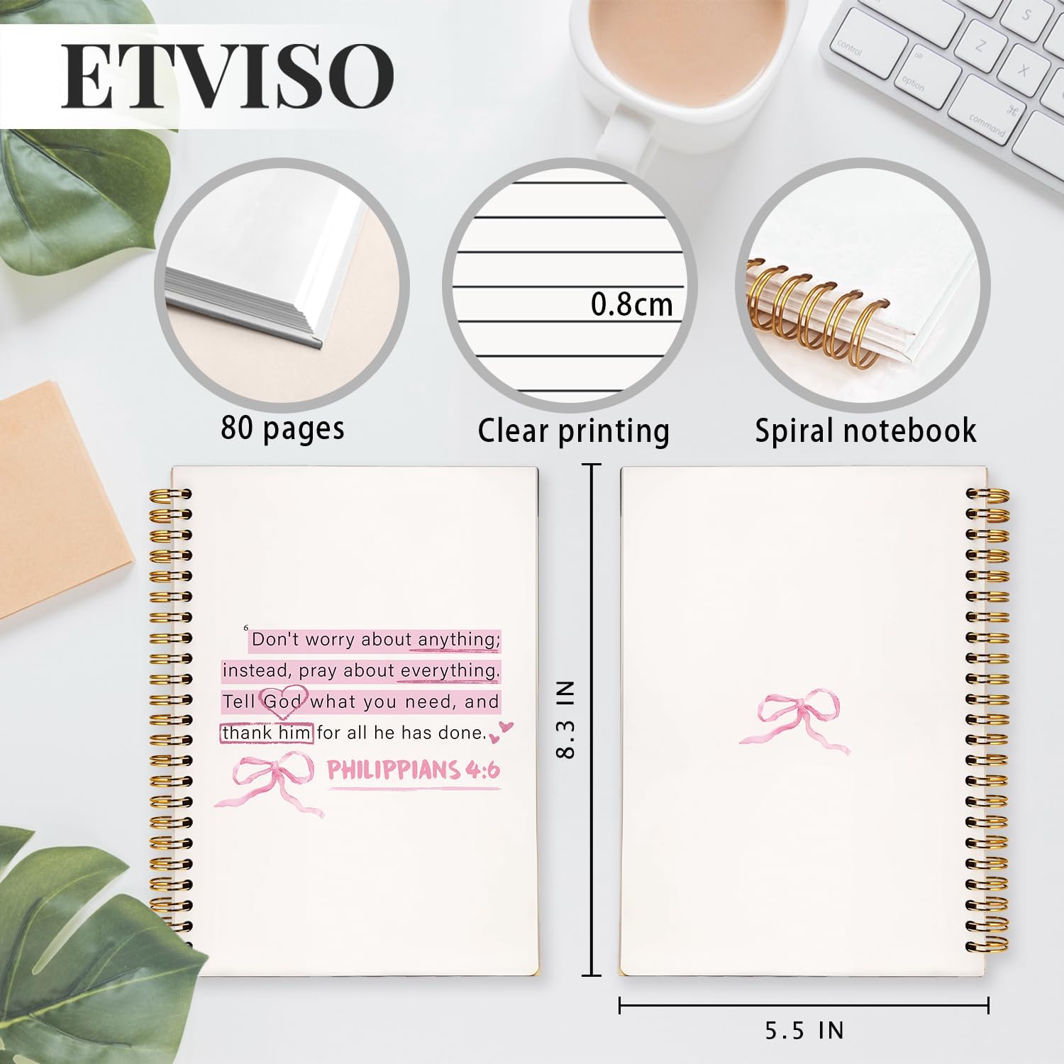 ETVISO Pink Christian Notebook, PHILIPPIANS 4:6 Christian Journal for Women, Scripture Notebook, Bible note taking, Bible Journal, Hardcover Spiral Notebook 80 Sheets -160 Pages 5.5x8.3 Inch image 4