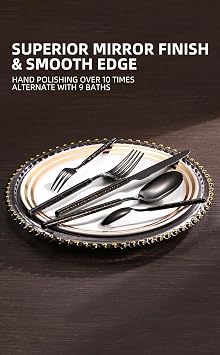 20-Piece Silverware Set, Stainless Steel Flatware Set for 4, Modern Hammered Utensil Tableware Set Include Dinner Knife/Fork/Spoon, Mirror Finish, Dishwasher Safe (20, black)