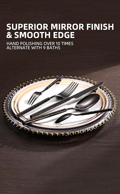 20-Piece Silverware Set, Stainless Steel Flatware Set for 4, Modern Hammered Utensil Tableware Set Include Dinner Knife/Fork/Spoon, Mirror Finish, Dishwasher Safe (20, black)