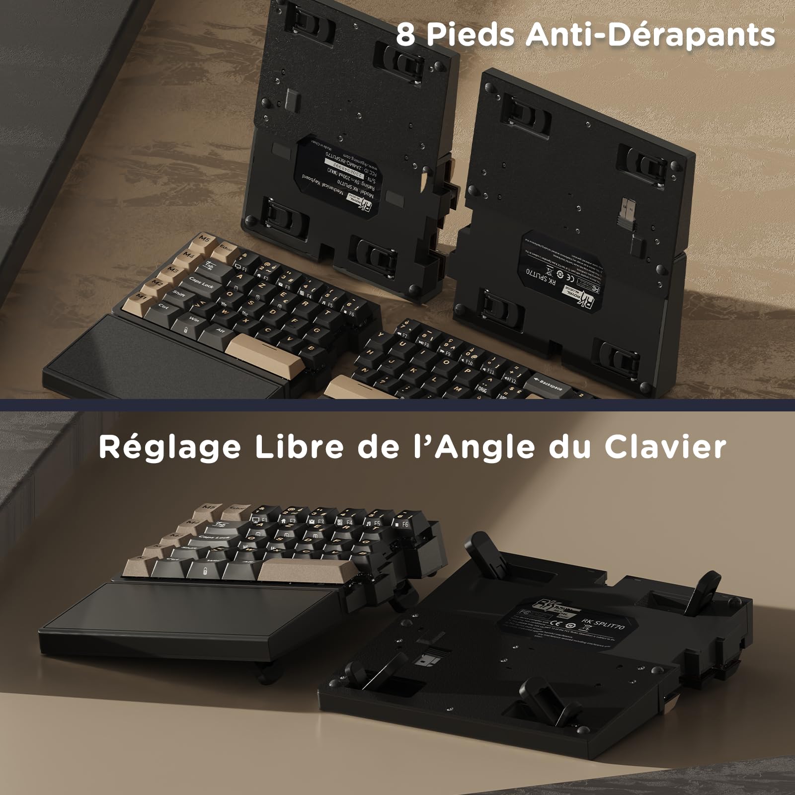 RK ROYAL KLUDGE S70 Clavier Mécanique AZERTY Compact 75%, Clavier Gamer sans Fil, Ergonomique Split Keyboard avec Repose-Poignets Intégré, RVB, Bluetooth/2.4G/Filaire, Hot-Swap Creamy Switch