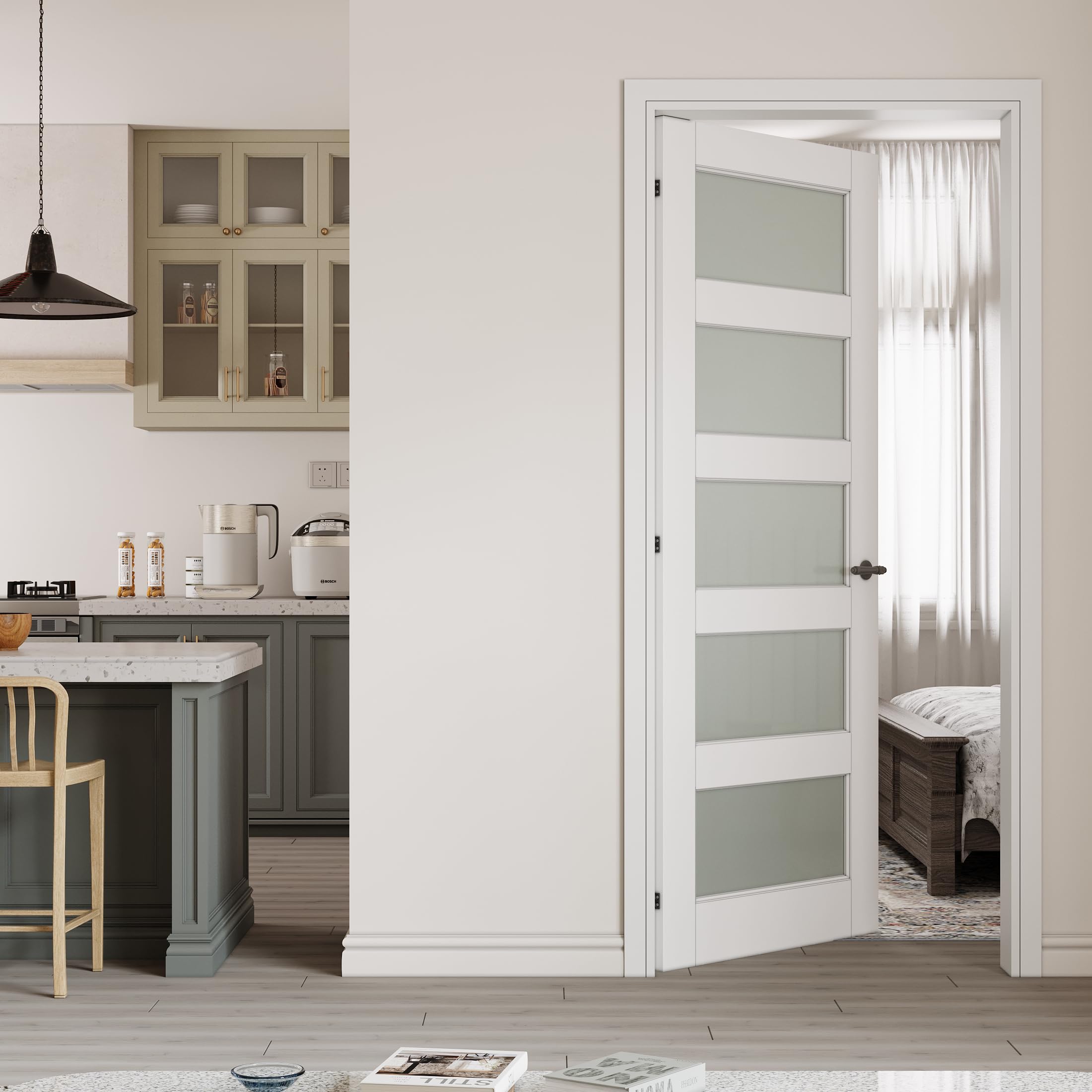 36" x 80" Prehung Door 5-Lite Tempered Frosted Glass Slab Doors with Jamb Kit