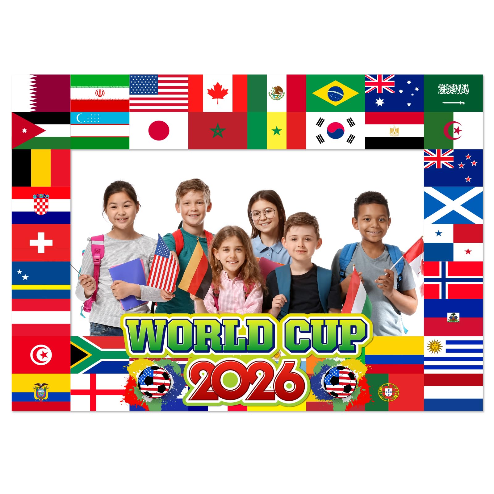 Drapeaux internationaux et cadre photomaton football pour événement sportif