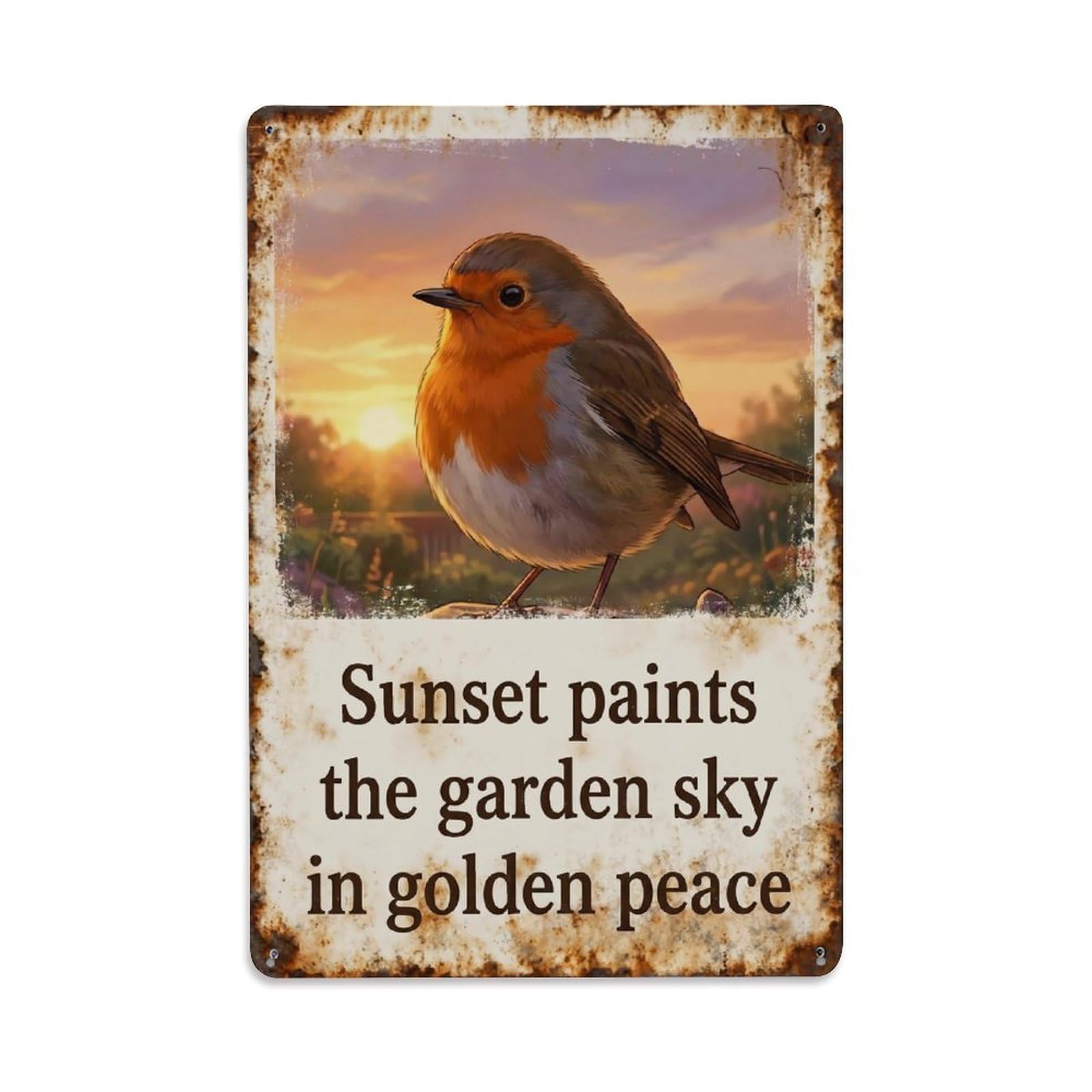 Robin Bird Garden Quote Sunset Glow Vintage Metal Tin Sign Plaque Wall Decor for Cafe, Club, Garden Metal Poster 8x12Inch