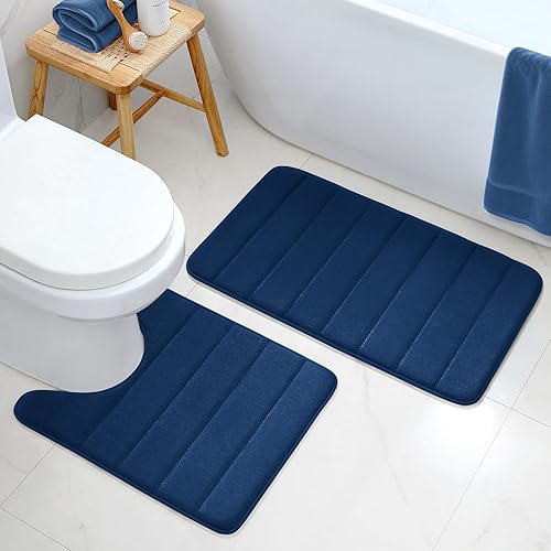 Miniatura 9 de BYSURE Juego de 2 alfombras de baño de espuma viscoelástica antideslizantes, extra suaves, absorbentes, lavables a máquina (azul marino, 17 x 24 +