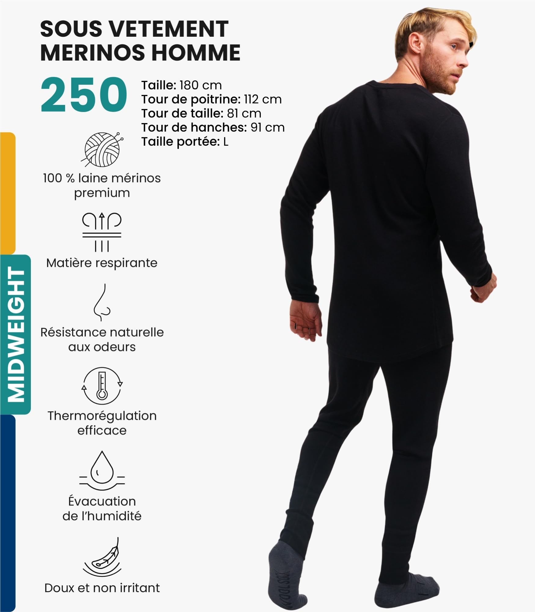 Merino.tech 100% sous Vetement Merinos Homme - Haut et Bas + Chaussettes | Sous Couche Merinos Léger, Moyen, Épais, Respirant, Anti-Odeur Naturel, Idéal pour la Randonnée, Ski, Voyage, Non-Irritant