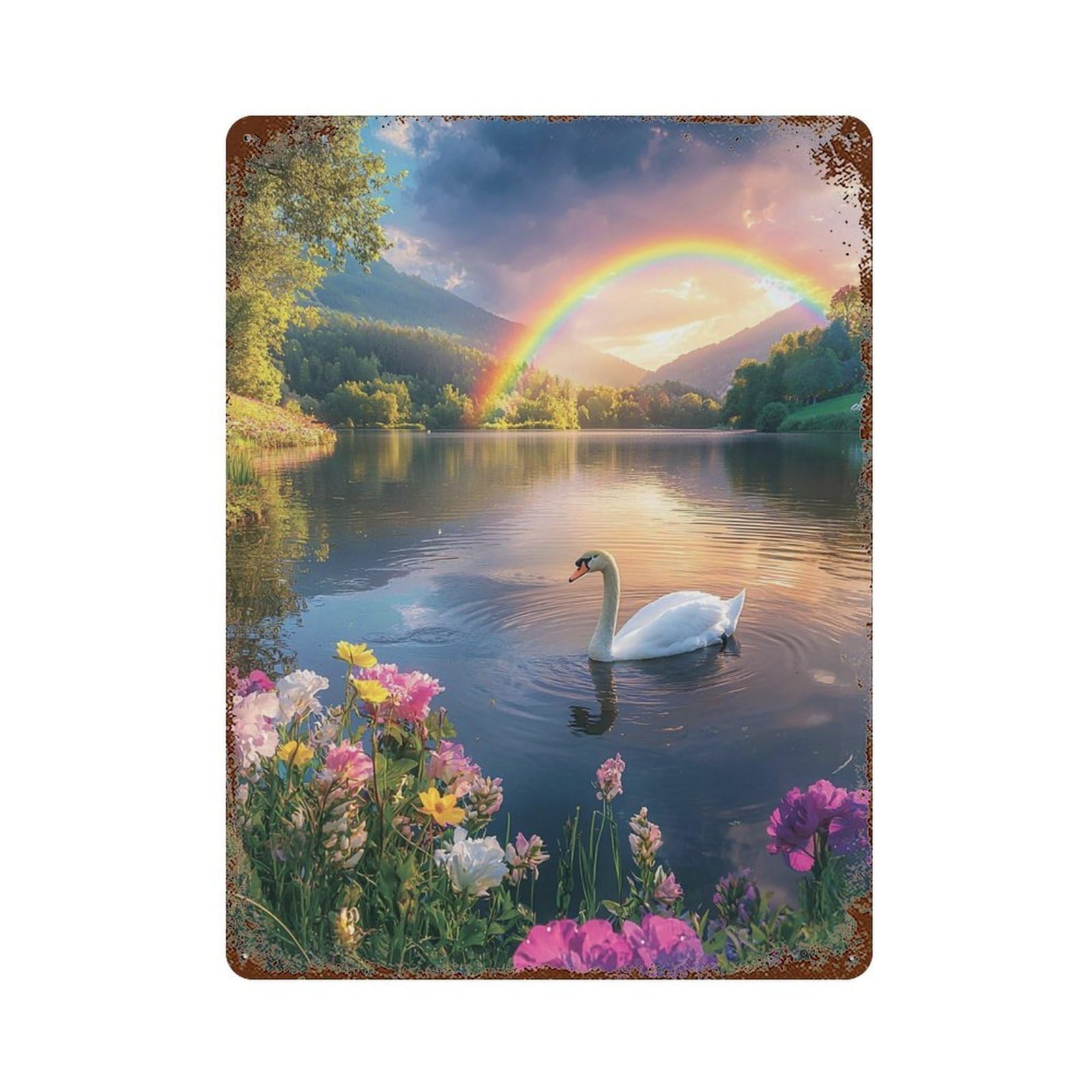 Rust Effect Rainbow Lake with Swan Vintage Rust Metal Sign 15.7"x11.8", Decorative Metal Wall Art for Shed, Workshop And Garage Wall Decor