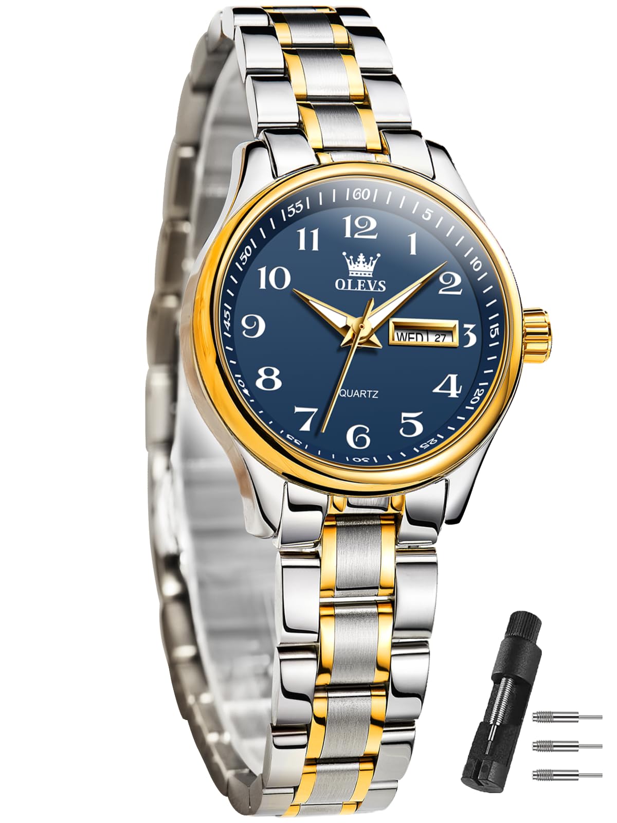 Women Watches Date and Day,Ladies Watches with Silver Gold Stainless Steel,Elegent Female for Small Wrist Watch(White/Black/Blue/Gold Face)