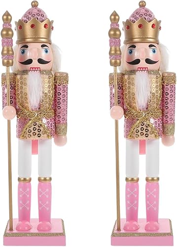 Garneck Cascanueces rosa - Par de adornos de cascanueces de Navidad, hermoso cascanueces con caña y corona, estatua de figuras de cascanueces con