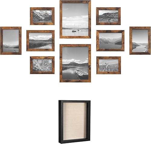 SONGMICS Paquete de marcos de fotos, juego de 10 marcos de fotos de collage con estuche de exhibición de 8 x 10† Shadow Box, marrón rústico y negro