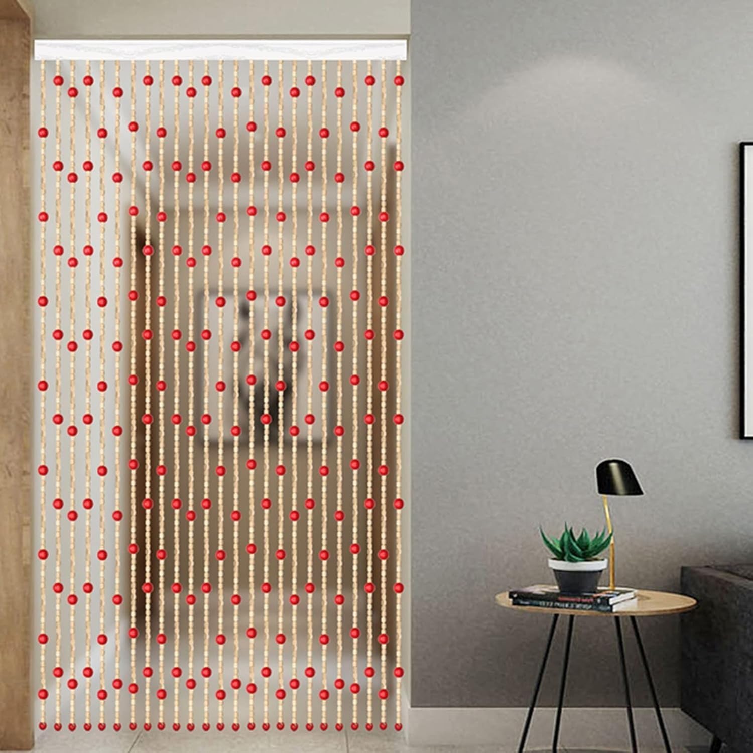 Rideau de perles en bois pour deco de maison et separation de couloir