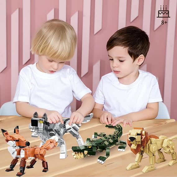 KAZI Forest Animals Toys - Building Toys for Kids - Fox,Lion,Wolf,Crocodile Animal Building Kit,Creative Play and Display Gift Idea for Boys and Girls Ages 8 Years Old and Up,Easter Basket Stuffers