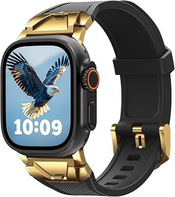 SUNFWR Compatible with Apple Watch Band Ultra 3/2/1 49mm 46mm 45mm 44mm 42mm Men,Rugged Silicone Rubber Sport Strap with Metal Connector for iWatch SE 3/2/1 Series 11 10 9 8 7 6 5 4 3 2 1, Black/Gold