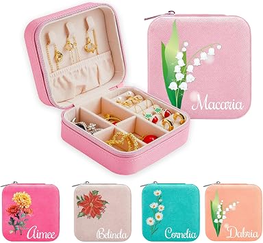 Personalized Jewelry Organizer Box, Custom Jewelry Box, Customized Travel Jewelry Case with Birth Flower & Name, Personalized Gifts for Wedding, Birthday Anniversary, Mom