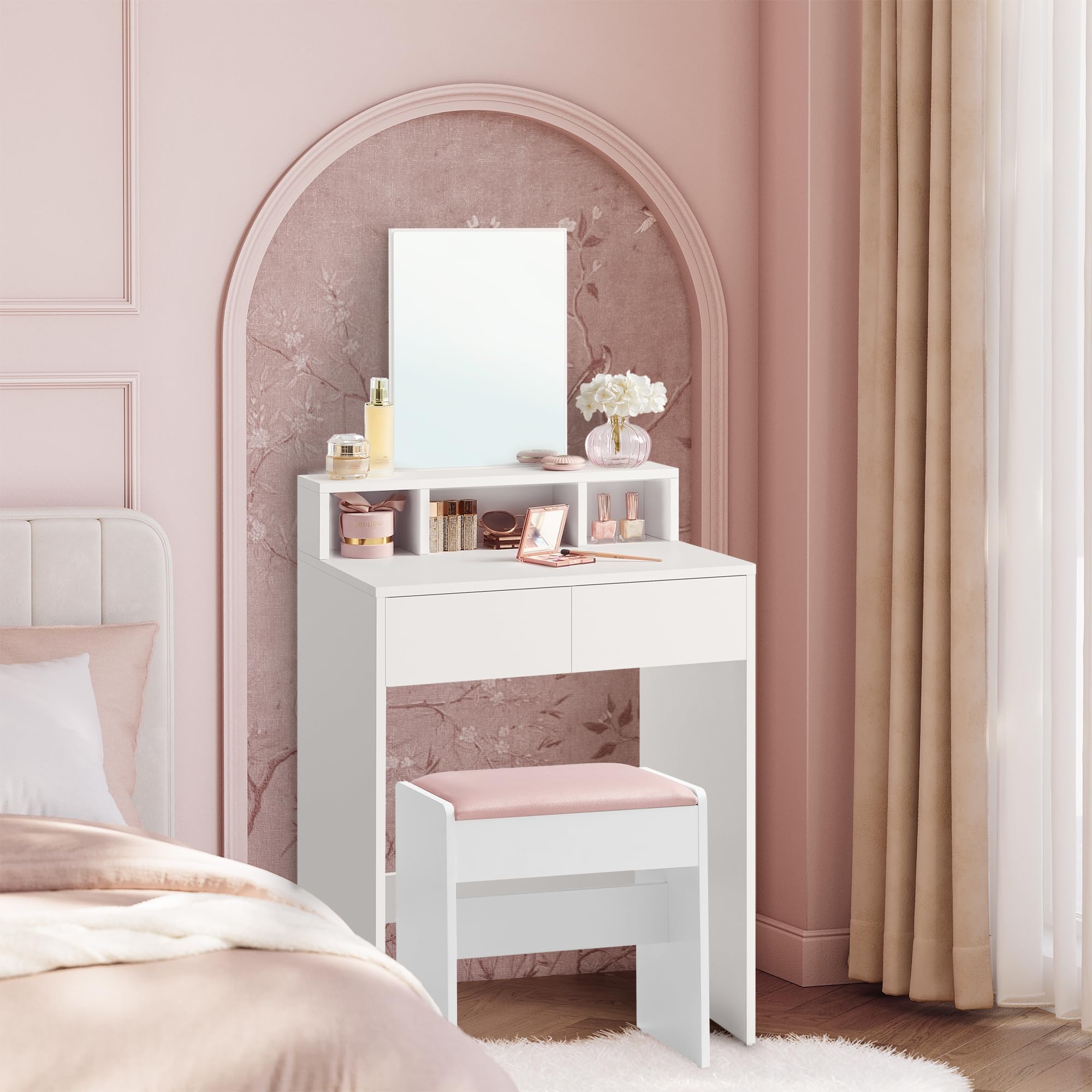 VASAGLE KAILYN Collection - Dressing Table with Large Mirror, Vanity Table with 2 Drawers and 3 Compartments, Makeup Table, Modern, White RDT103W01