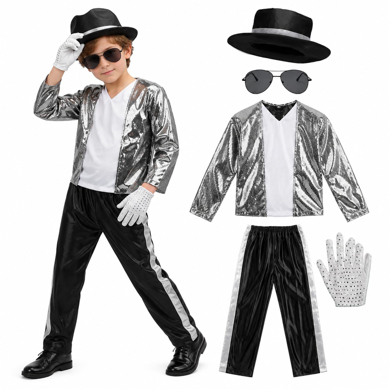 Costume da pop star per bambini musicista anni '80 retrò giacca argento pantaloni cappello occhiali guanto discoteca outfit Halloween Cosplay abbigliamento palcoscenico performance danza