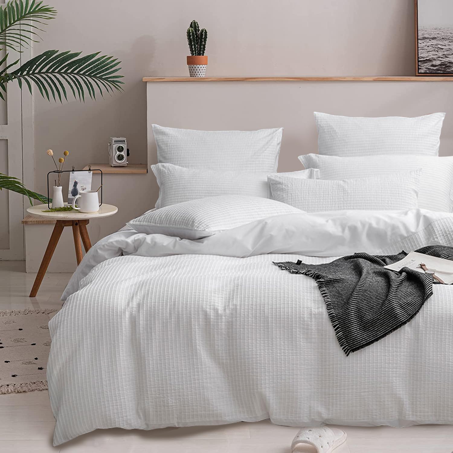 Merryfeel White Seersucker Duvet Cover Set King,Yarn Dyed Seersucker