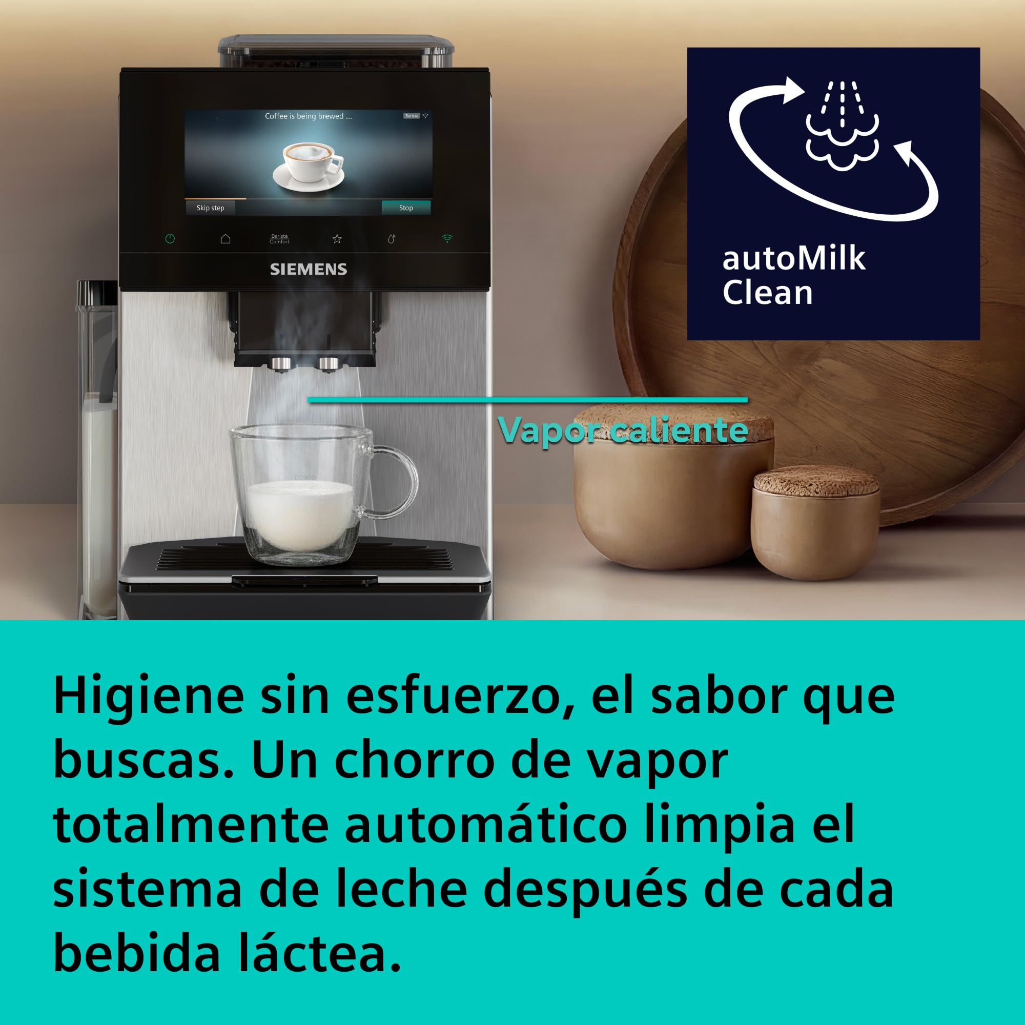 SIEMENS, cafetera superautomática, EQ900 iAroma, sabores personalizados, molienda precisa, pantalla grande para uso intuitivo, cafés personalizados, acero inoxidable, TQ923E03