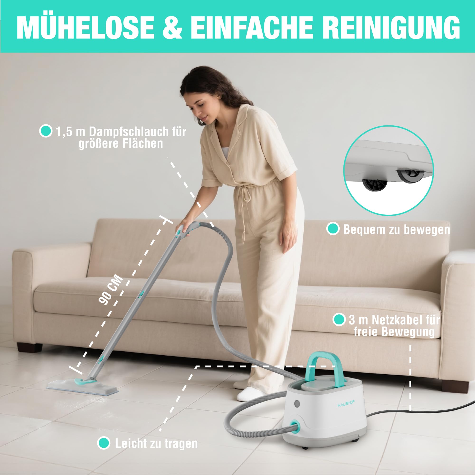 HAUSHOF Dampfreiniger 2000 W, mit 1,5 L Tank, max. 4 ,0 bar Dampfdruck, Aufheizzeit 8 Min, Dampfzeit bis zu 30 Min, inkl. 16 Zubehör & 3 m Netzkabel, für Boden, Teppich, Fenster & Küche, Weiß-Grün