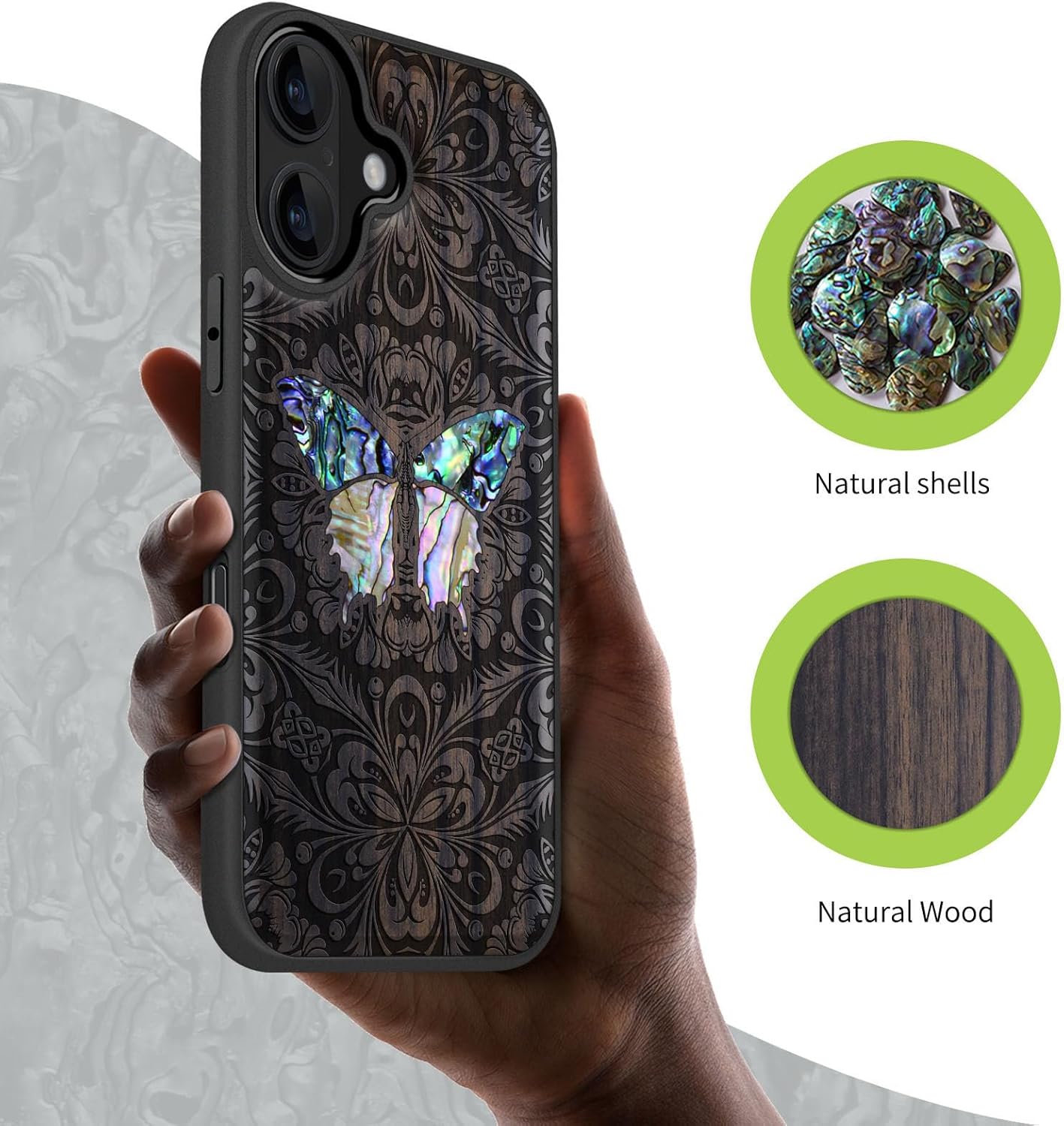 Carveit Magnetic Wooden Case for iPhone 17 Case, Wood Artisan Engraved & Handmade Shell Inlaid, TPU Shockproof Cover, Compatible with MagSafe Wireless Chargers (Baroque Butterfly-Blackwood)
