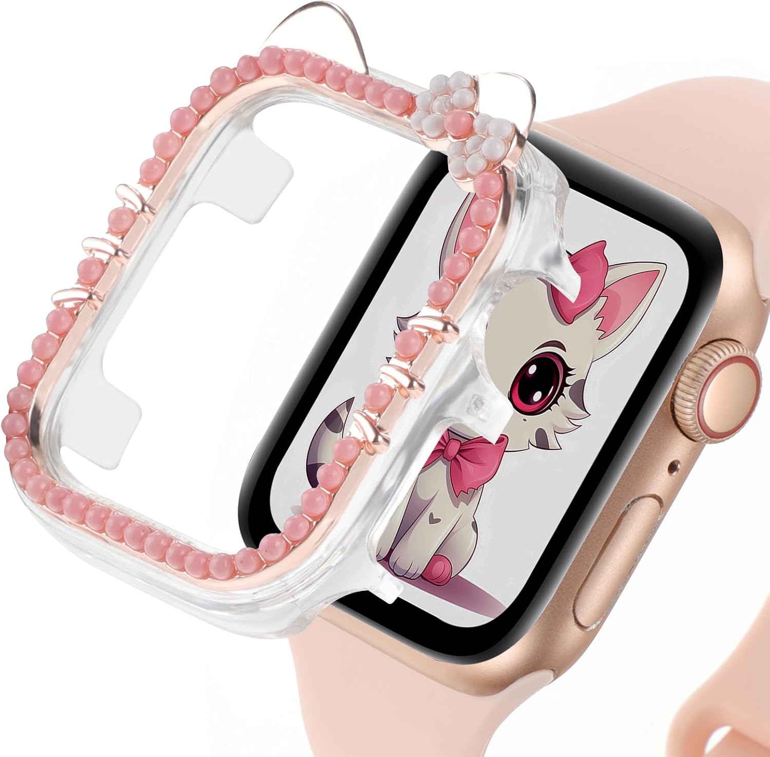 Cartoon Bumper Case Compatible with Apple Watch Cover for Women iWatch Series 9 8 7 41mm 45mm, Series 6 5 4 SE 2 40mm 44mm, Cute Cat Protective Face Cover Clear Hard PC Protector