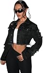 Floerns Women's Cropped Jean Jacket Casual Distressed Raw Hem Ripped Denim Coat W/Pocket