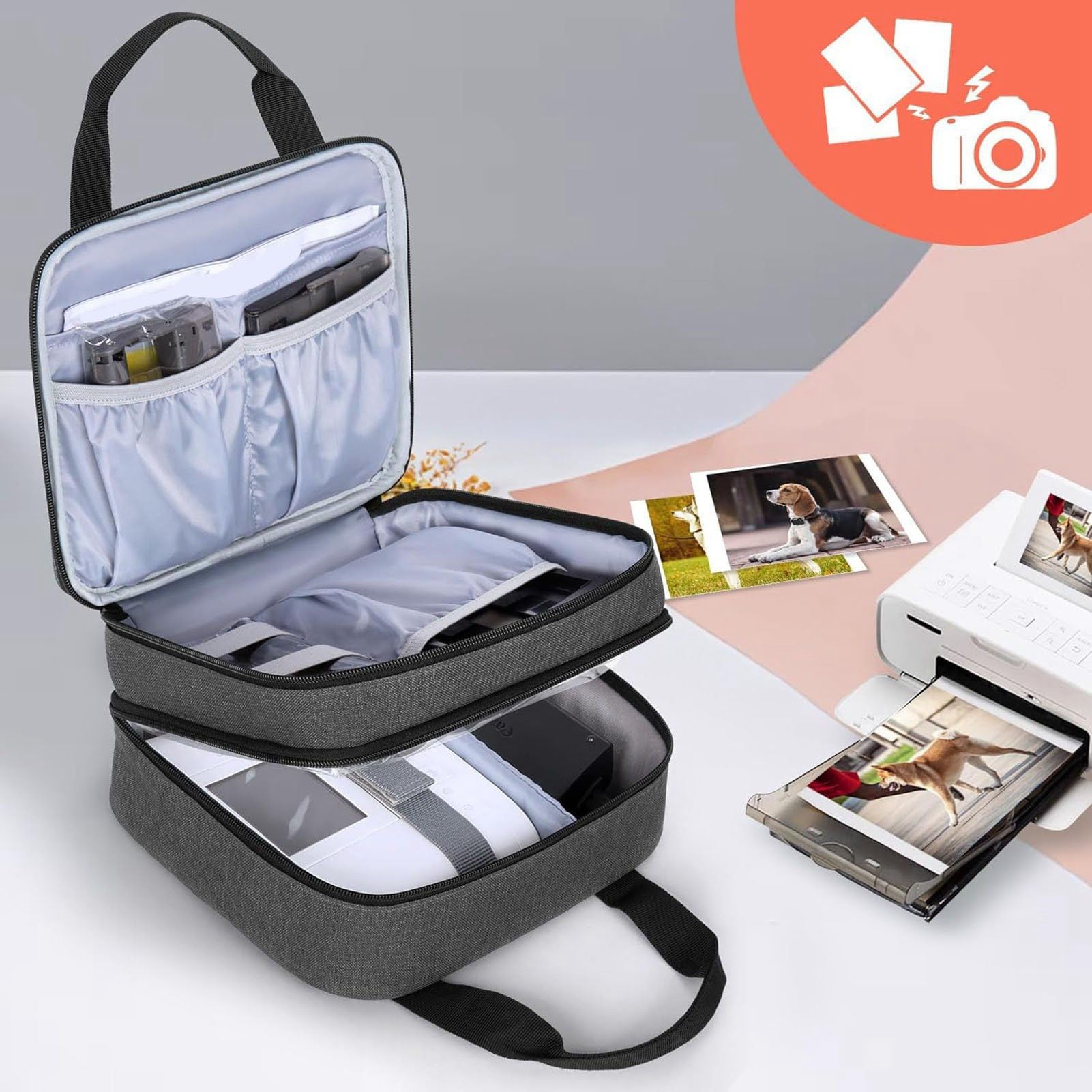 Ausla Fotodruckertasche, Robuste Polyester-Tragetasche für SELPHY CP1500, CP1300, CP1200, mit Verstellbarer Trennwand und Transparentem Beutel, Sichere Aufbewahrungslösung für Unterwegs